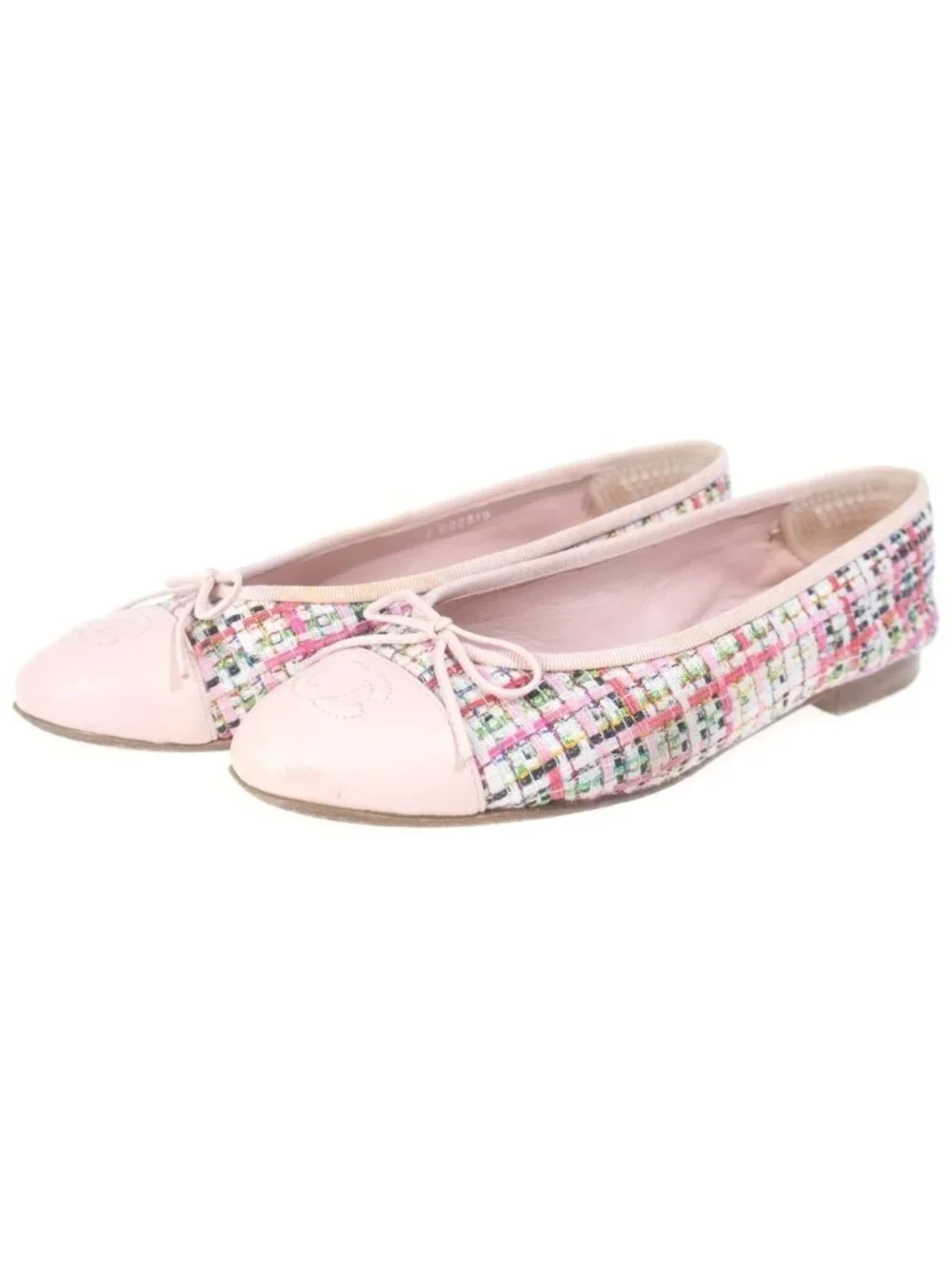 Chanel CC Logo Pumps Ballet Shoes Flat Pink Tweed Xleather